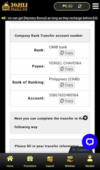 Step 3: Kindly copy 30JILI's bank account information to initiate the money transfer